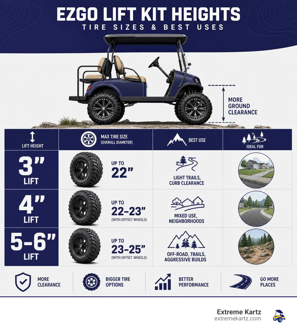 Infographic showing EZGO lift kit heights 3 6 inch with corresponding tire sizes and use cases infographic