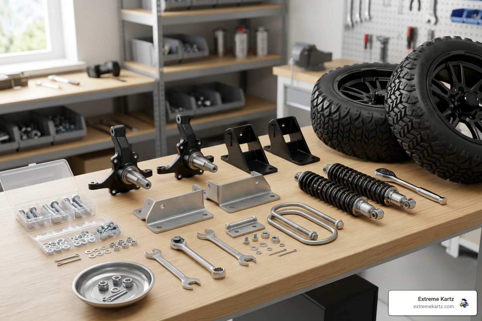 3 inch golf cart lift kit components including spindles, brackets, shocks, and hardware 3 inch golf cart lift kit components including spindles, brackets, shocks, and hardware