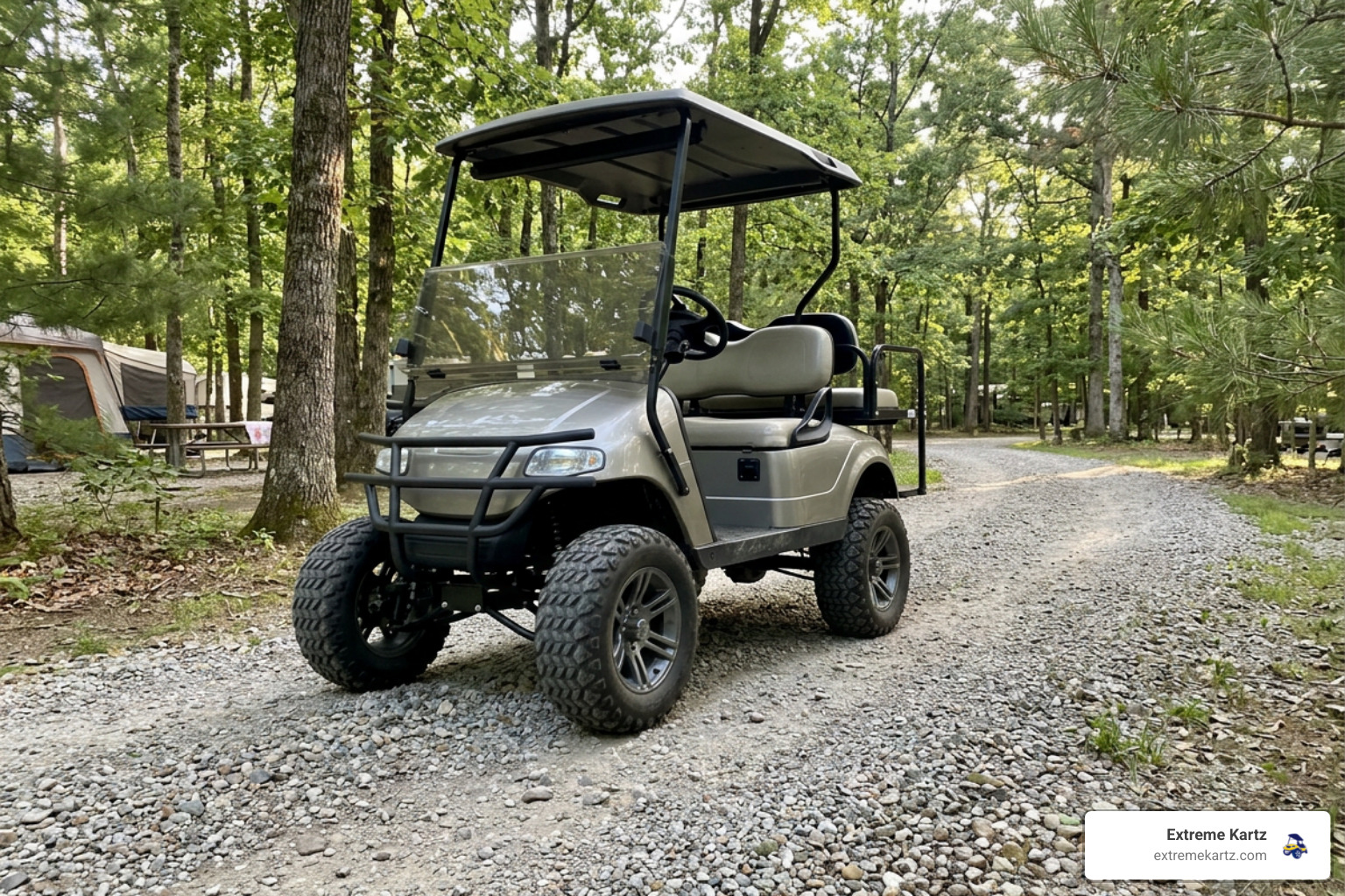 Lifted golf cart with 3 inch lift kit showing improved ground clearance on gravel path Lifted golf cart with 3 inch lift kit showing improved ground clearance on gravel path