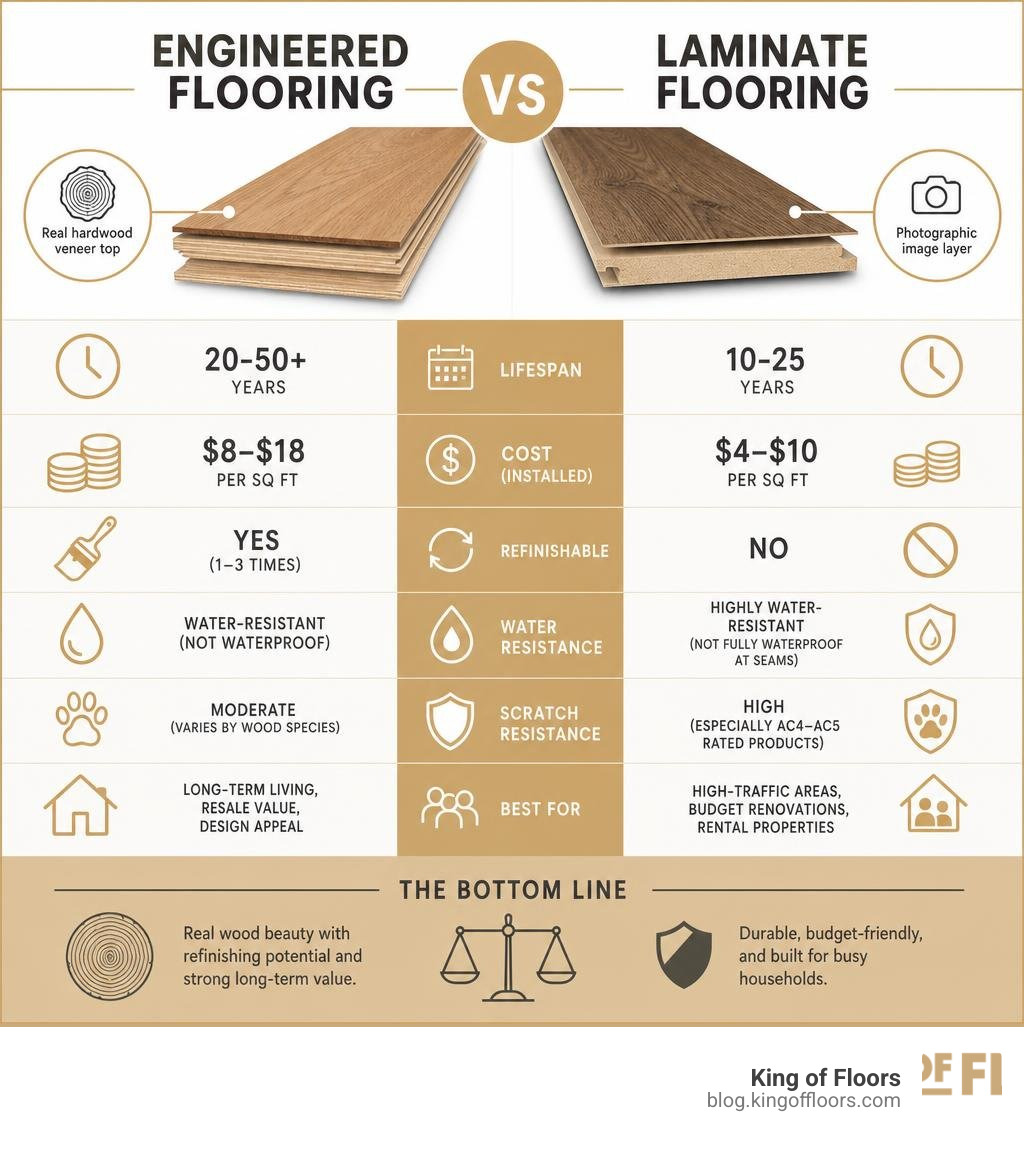 Engineered flooring vs laminate comparison infographic showing lifespan cost and key differences infographic Engineered flooring vs laminate comparison infographic showing lifespan cost and key differences infographic