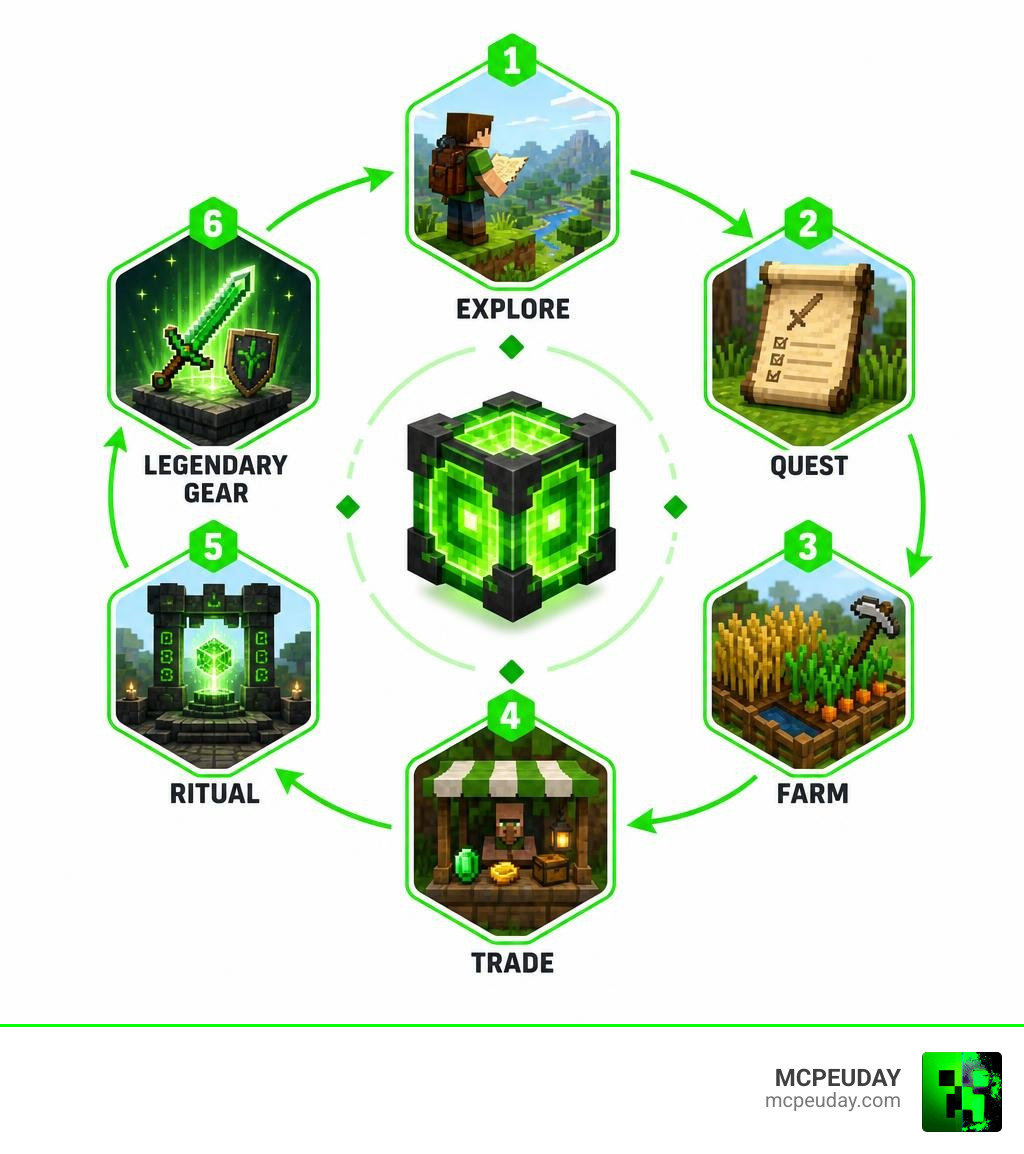 Core Craft ADDON progression loop infographic: Explore, Quest, Farm, Trade, Ritual, Legendary Gear infographic