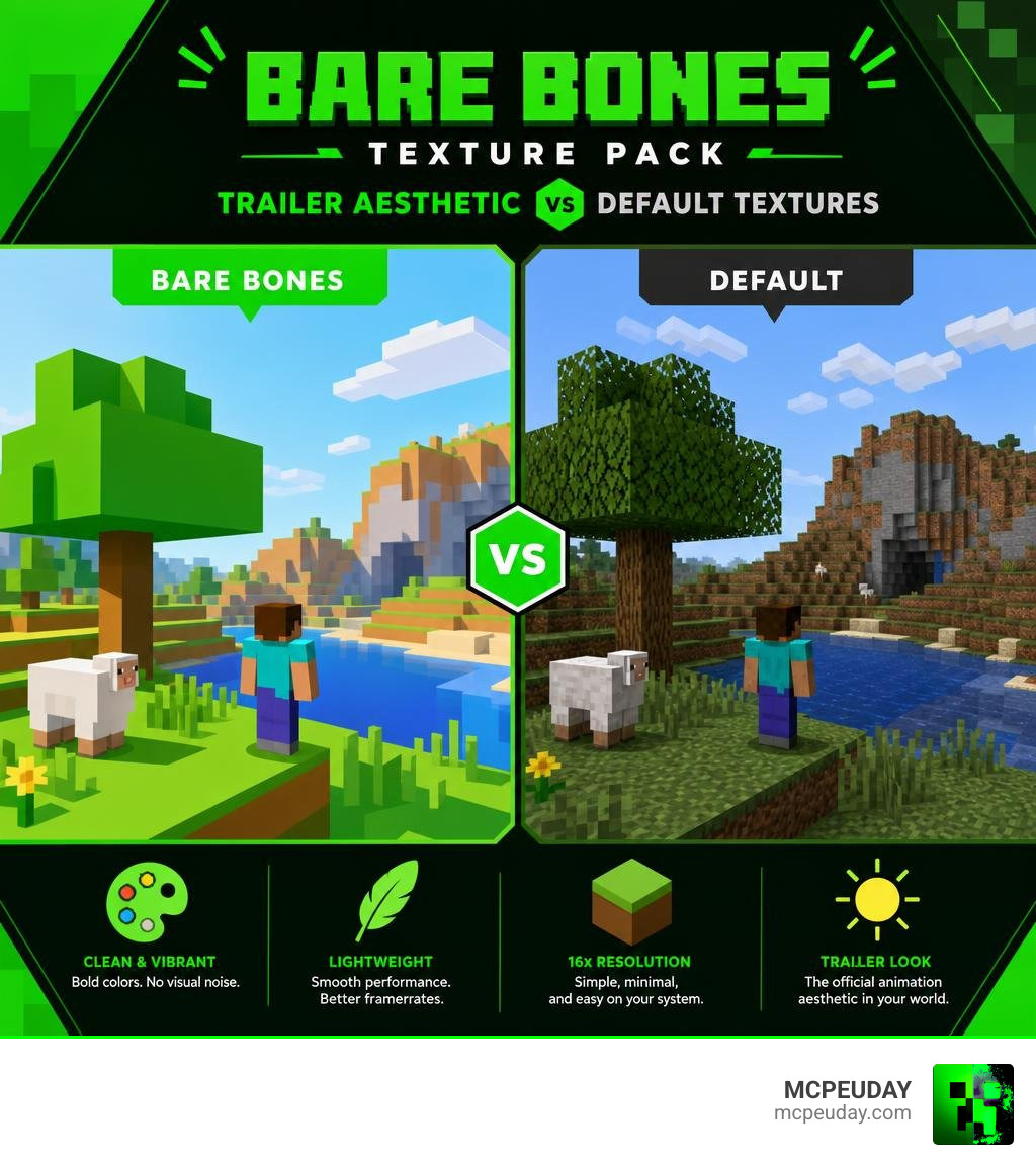 Bare Bones Texture Pack visual style infographic showing trailer aesthetic vs default textures infographic Bare Bones Texture Pack visual style infographic showing trailer aesthetic vs default textures infographic