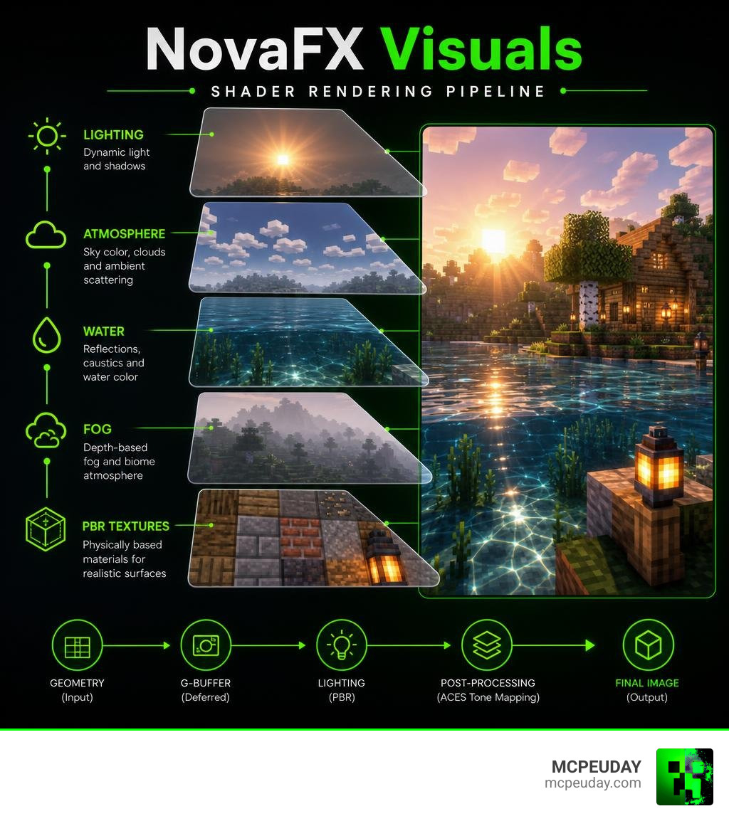 NovaFX Visuals SHADER rendering pipeline infographic showing lighting, atmosphere, water, fog, and PBR texture layers NovaFX Visuals SHADER rendering pipeline infographic showing lighting, atmosphere, water, fog, and PBR texture layers
