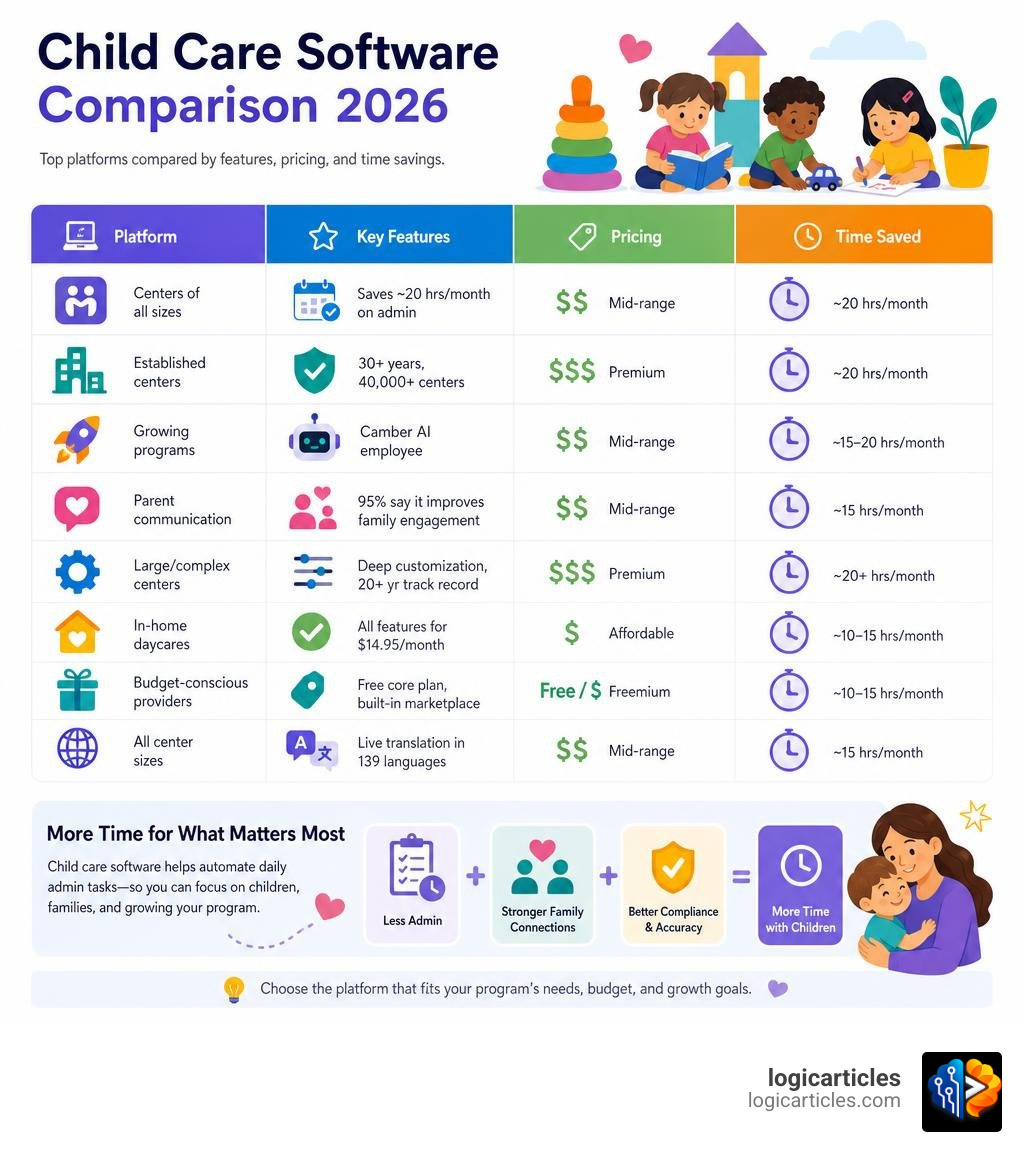 child care software comparison infographic showing top platforms, key features, pricing, and time savings infographic child care software comparison infographic showing top platforms, key features, pricing, and time savings infographic