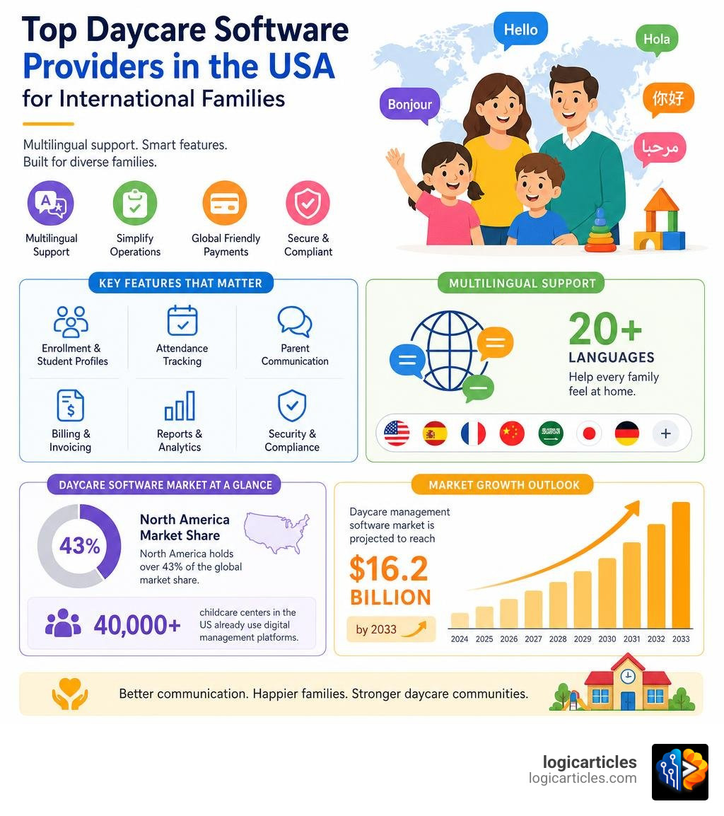 Infographic showing top daycare software providers in USA with multilingual support, key features, and market growth stats Infographic showing top daycare software providers in USA with multilingual support, key features, and market growth stats