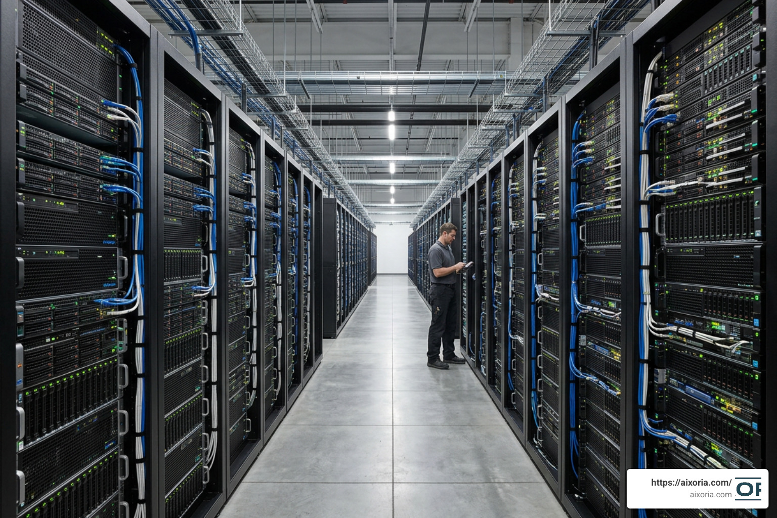 AI data center filled with servers containing high-bandwidth memory chips