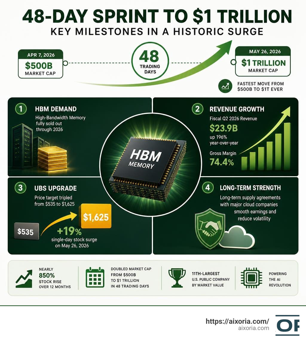 Micron Technology 48-day sprint to $1 trillion: key milestones, HBM demand, revenue growth, and UBS upgrade infographic