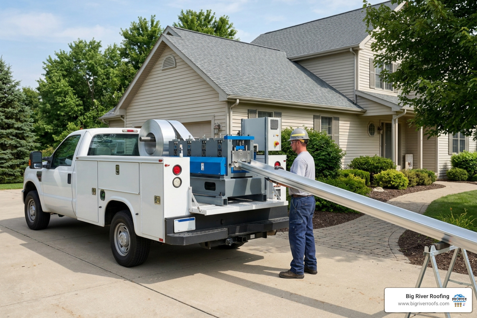 on-site gutter fabrication machine extruding a seamless aluminum gutter on-site gutter fabrication machine extruding a seamless aluminum gutter