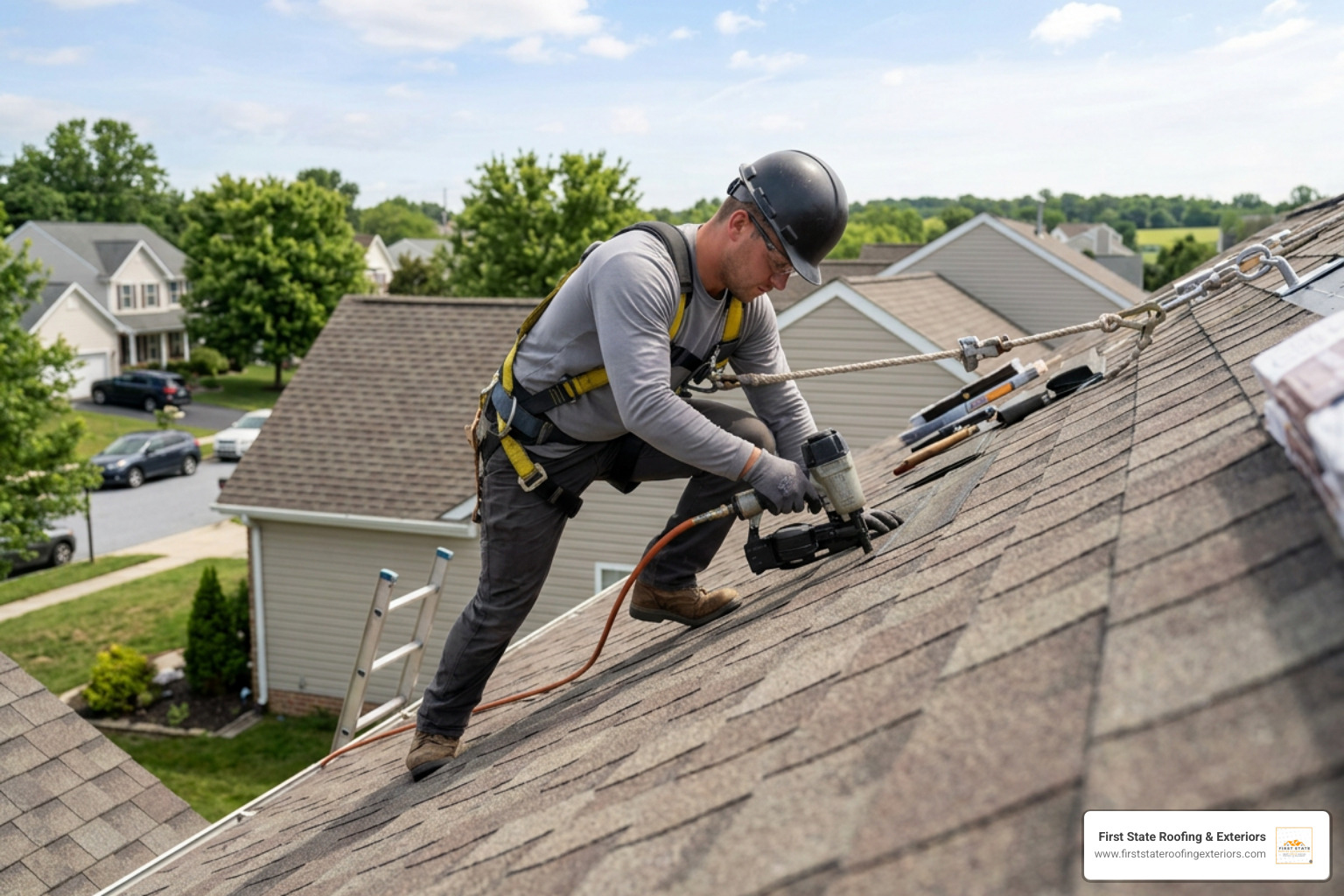 Professional roofer wearing an OSHA-compliant safety harness installing impact-resistant shingles on a Delaware home Professional roofer wearing an OSHA-compliant safety harness installing impact-resistant shingles on a Delaware home