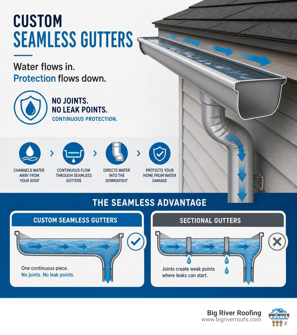 Infographic showing how custom seamless gutters channel water from roof to downspout with no joint leak points infographic Infographic showing how custom seamless gutters channel water from roof to downspout with no joint leak points infographic