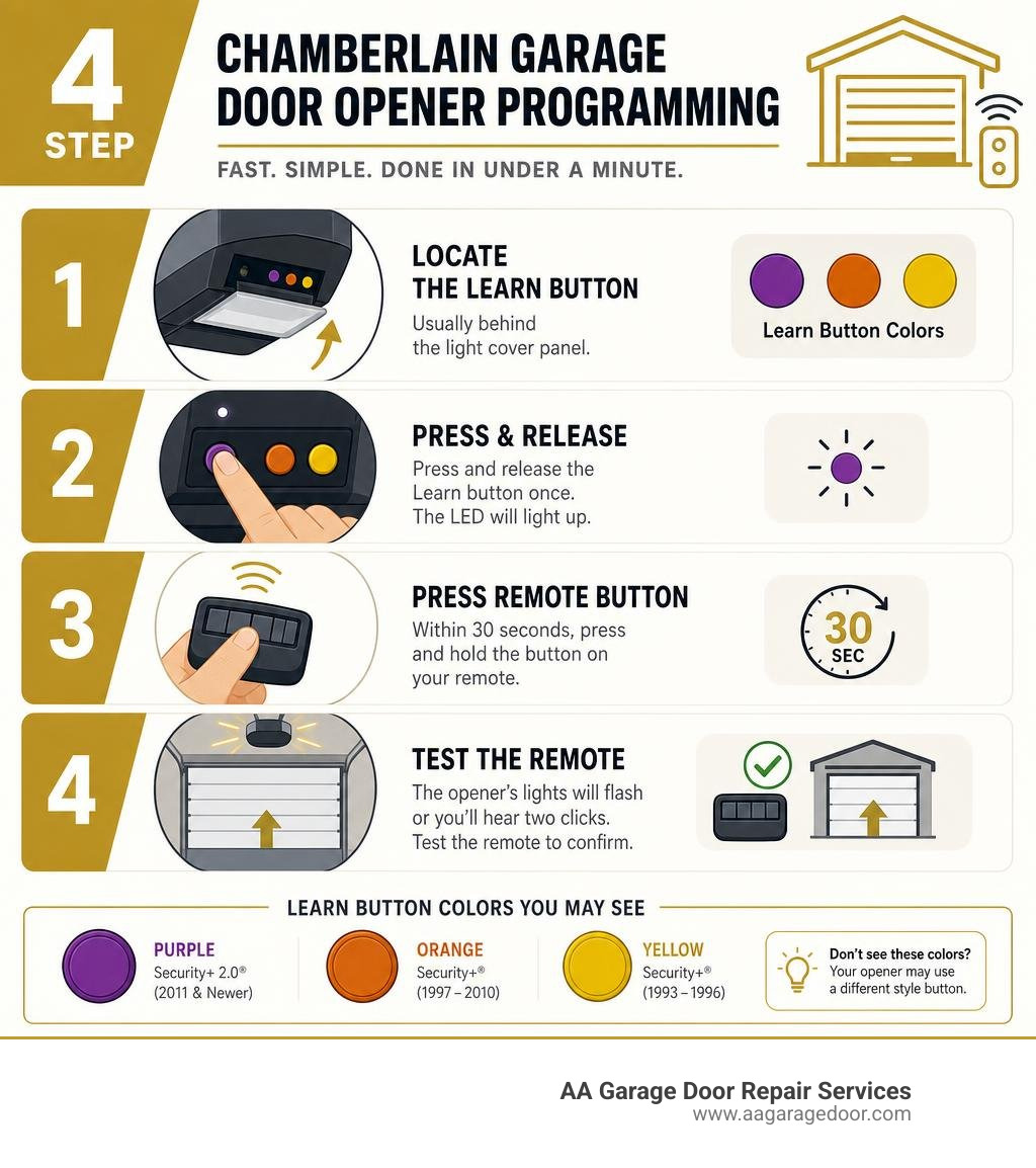 Infographic showing 4-step Chamberlain garage door opener programming process with Learn button colors infographic