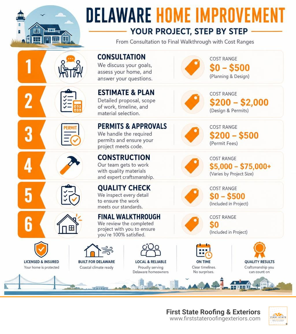 Delaware home improvement process infographic: steps from consultation to final walkthrough with cost ranges infographic Delaware home improvement process infographic: steps from consultation to final walkthrough with cost ranges infographic