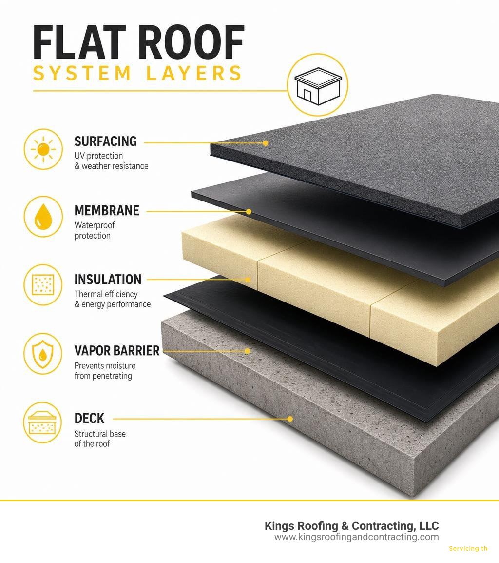 Flat roof system layers infographic: deck, vapor barrier, insulation, membrane, surfacing infographic