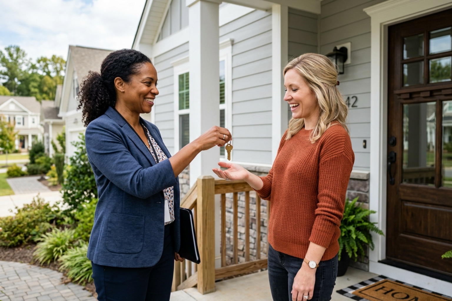 An adult receiving keys to a new home from a housing counselor, depicting a white recipient and a person of color counselor