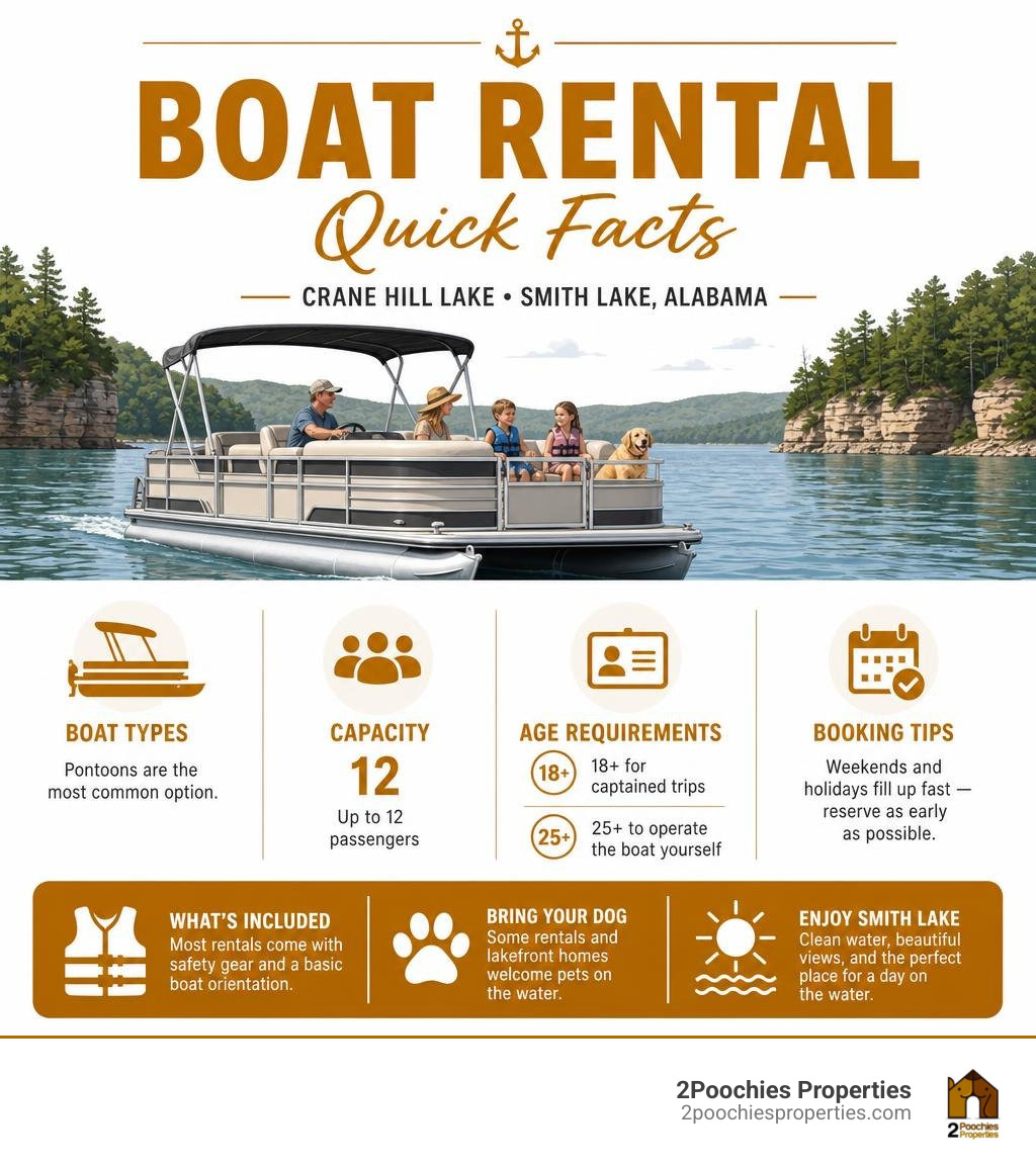 Infographic showing boat rental quick facts for Crane Hill Lake Smith Lake Alabama including boat types capacity age