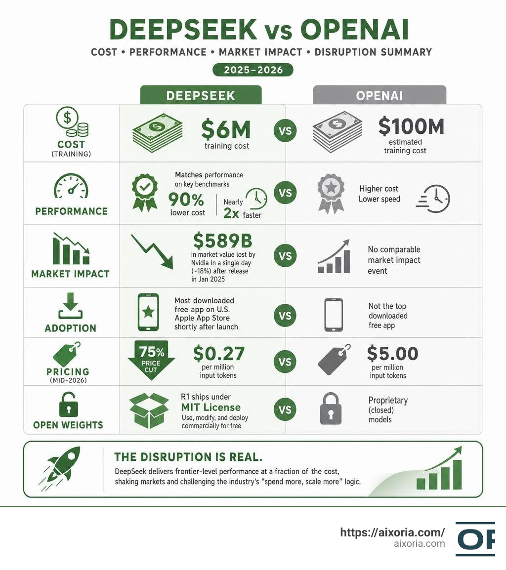 Infographic showing DeepSeek vs OpenAI cost performance market impact disruption summary 2025-2026 infographic Infographic showing DeepSeek vs OpenAI cost performance market impact disruption summary 2025-2026 infographic