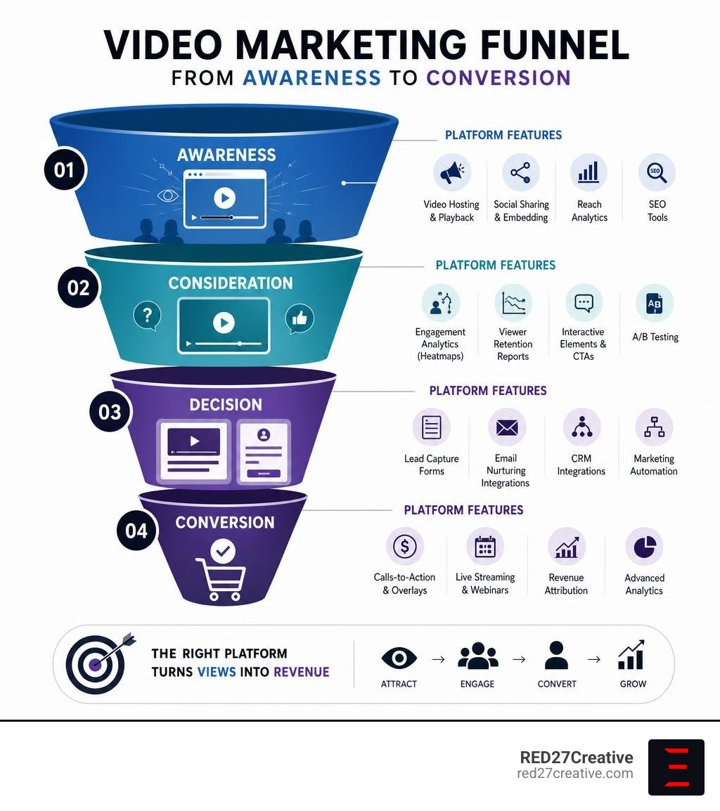 Video marketing funnel from awareness to conversion with platform features at each stage infographic Video marketing funnel from awareness to conversion with platform features at each stage infographic