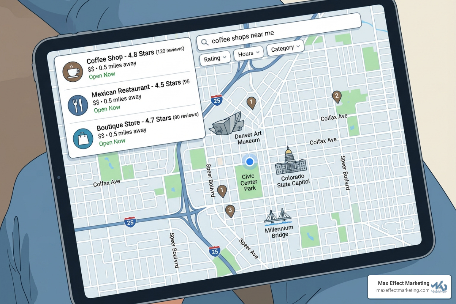 Local search map pack showing top Denver businesses