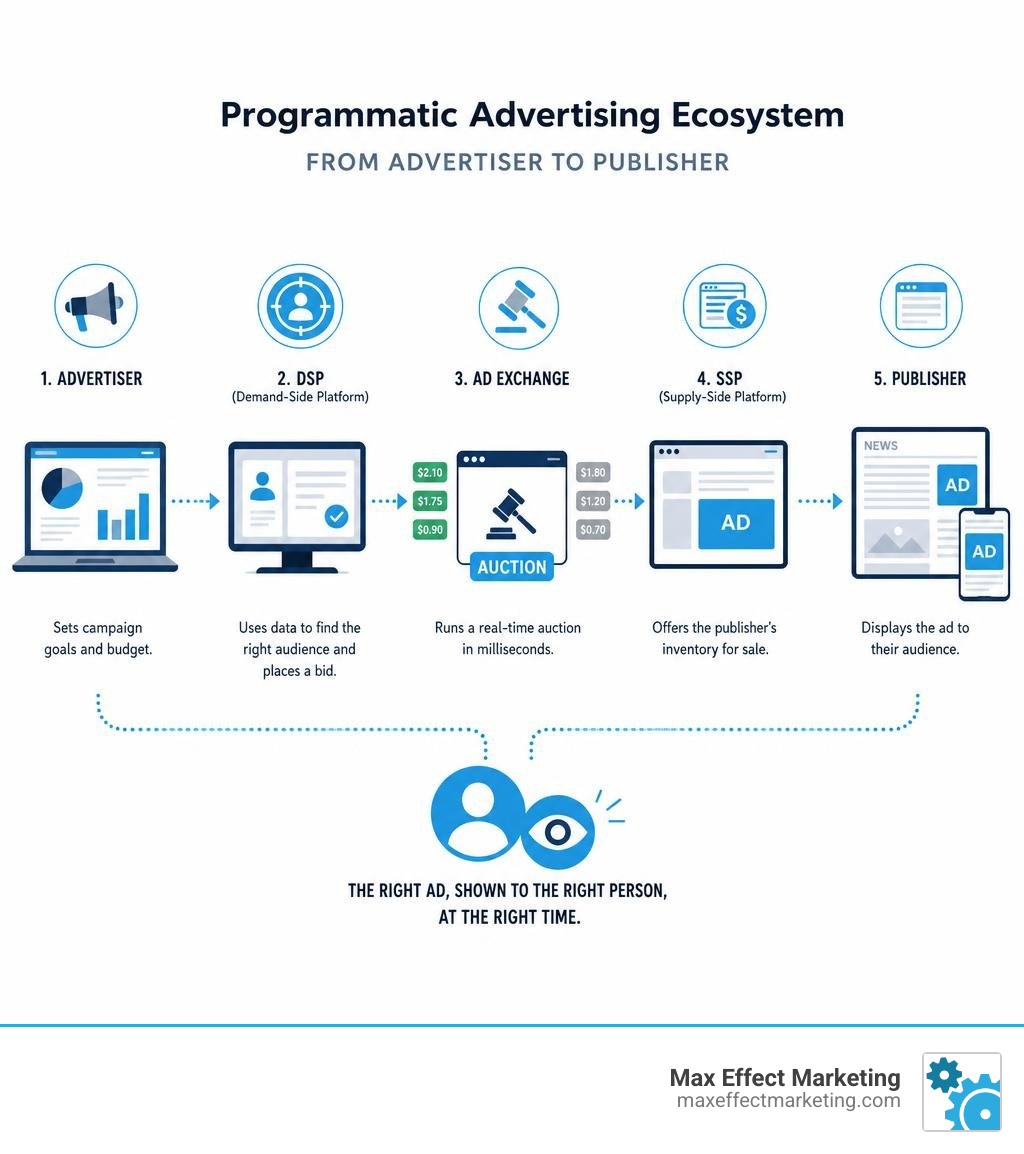 Programmatic advertising ecosystem flow: advertiser to DSP to ad exchange to SSP to publisher infographic Programmatic advertising ecosystem flow: advertiser to DSP to ad exchange to SSP to publisher infographic