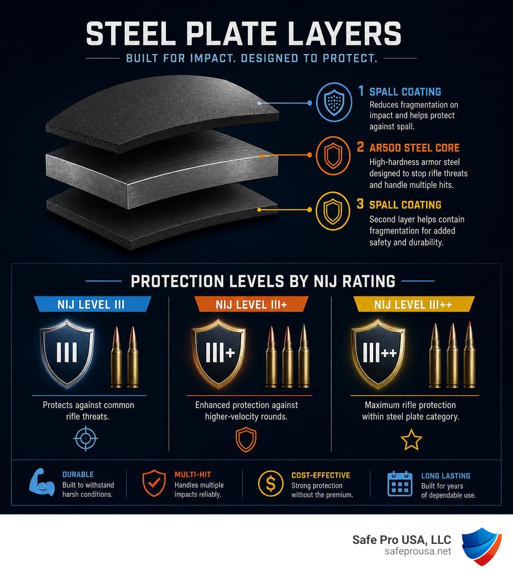 Steel plate layers infographic showing AR500 steel core, spall coating, and protection levels by NIJ rating infographic Steel plate layers infographic showing AR500 steel core, spall coating, and protection levels by NIJ rating infographic
