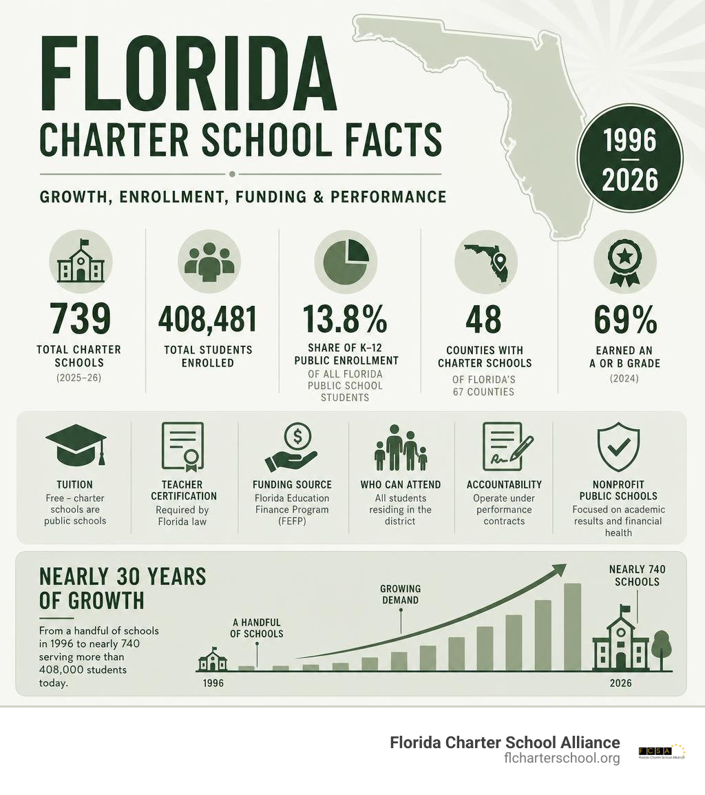 Infographic showing Florida charter school growth, enrollment, funding, and performance facts from 1996 to 2026 infographic Infographic showing Florida charter school growth, enrollment, funding, and performance facts from 1996 to 2026 infographic