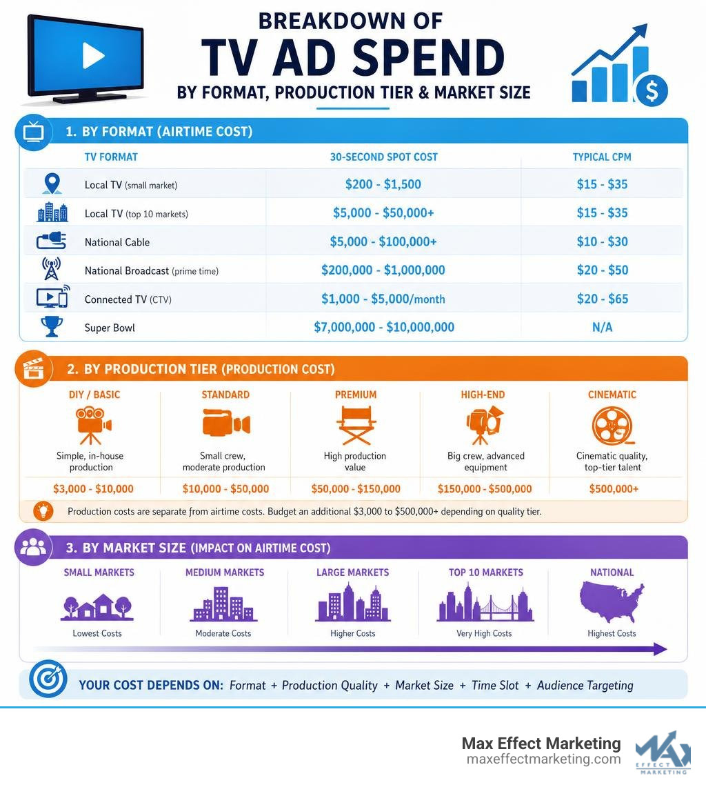 Breakdown of TV ad spend by format, production tier, and market size infographic infographic