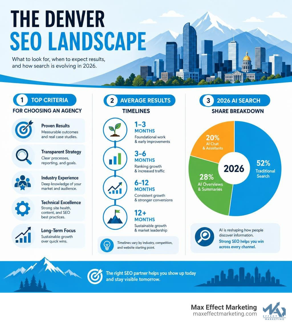 Denver SEO landscape infographic showing top criteria for choosing an agency, average results timelines, and 2026 AI search Denver SEO landscape infographic showing top criteria for choosing an agency, average results timelines, and 2026 AI search