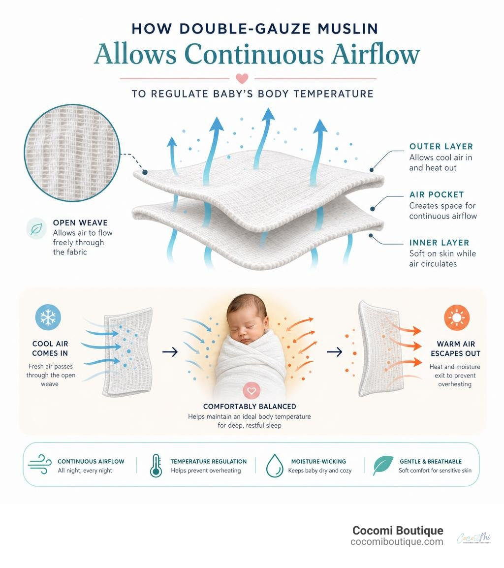 Infographic demonstrating how double-gauze muslin allows continuous airflow to regulate baby's body temperature infographic