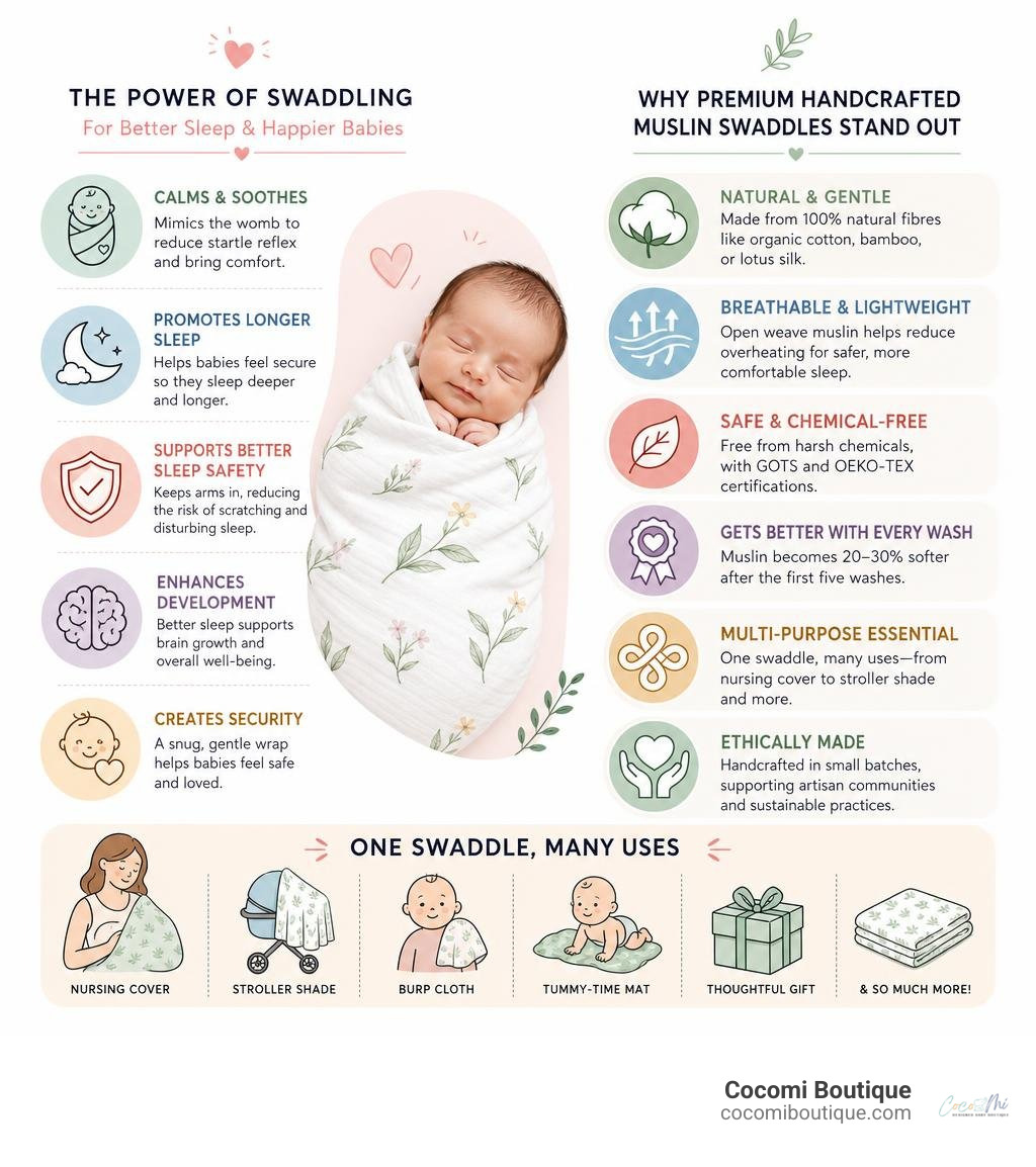 Infographic showing key benefits of swaddling for newborn sleep and why premium handcrafted muslin swaddles stand out