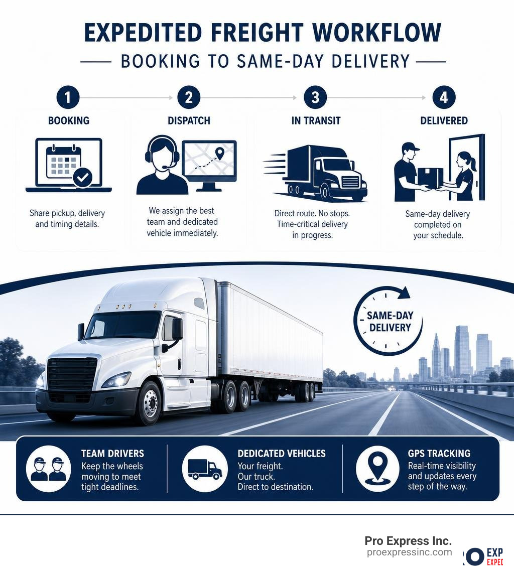 Expedited freight workflow: booking to same-day delivery, team drivers, dedicated vehicles, GPS tracking infographic