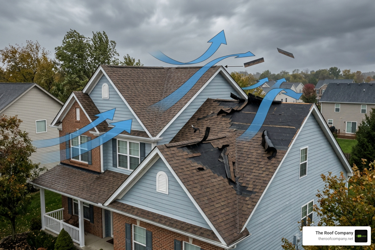 Diagram showing how wind uplift damages shingles Diagram showing how wind uplift damages shingles