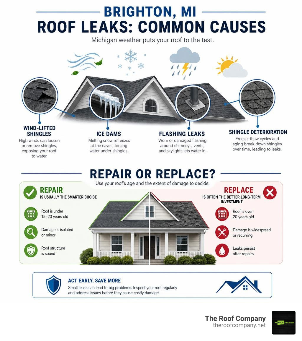 Infographic showing common causes of roof leaks in Brighton MI and when to repair vs replace infographic Infographic showing common causes of roof leaks in Brighton MI and when to repair vs replace infographic
