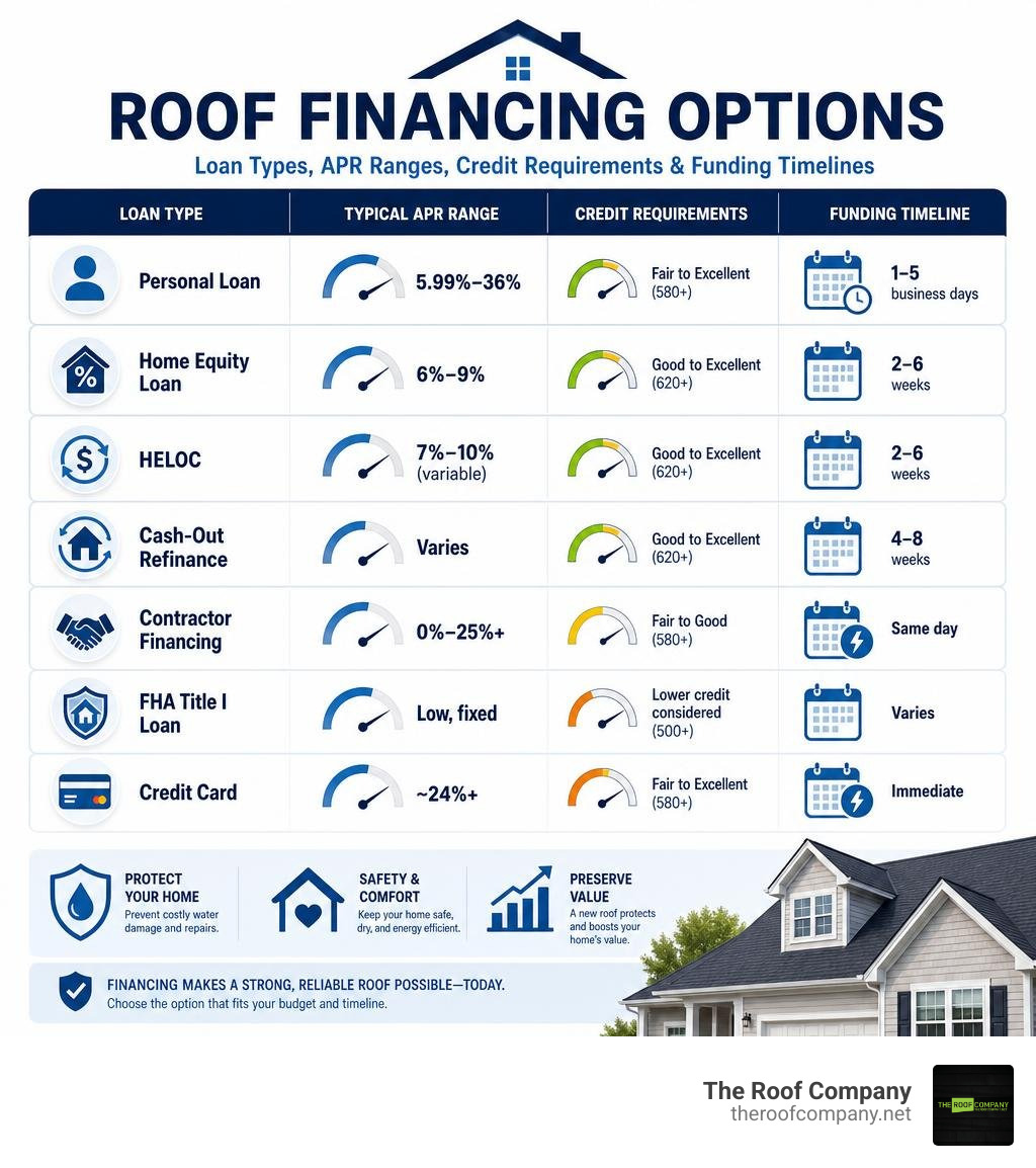 Roof financing options infographic showing loan types, APR ranges, credit requirements, and funding timelines infographic Roof financing options infographic showing loan types, APR ranges, credit requirements, and funding timelines infographic
