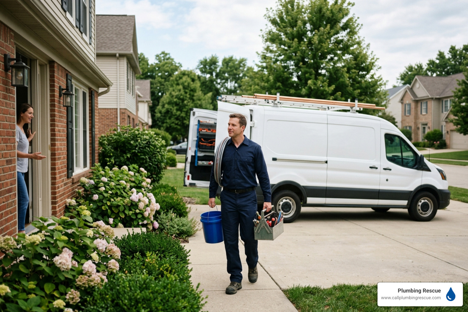 Professional emergency plumber arriving at a residential property with a fully stocked service truck Professional emergency plumber arriving at a residential property with a fully stocked service truck