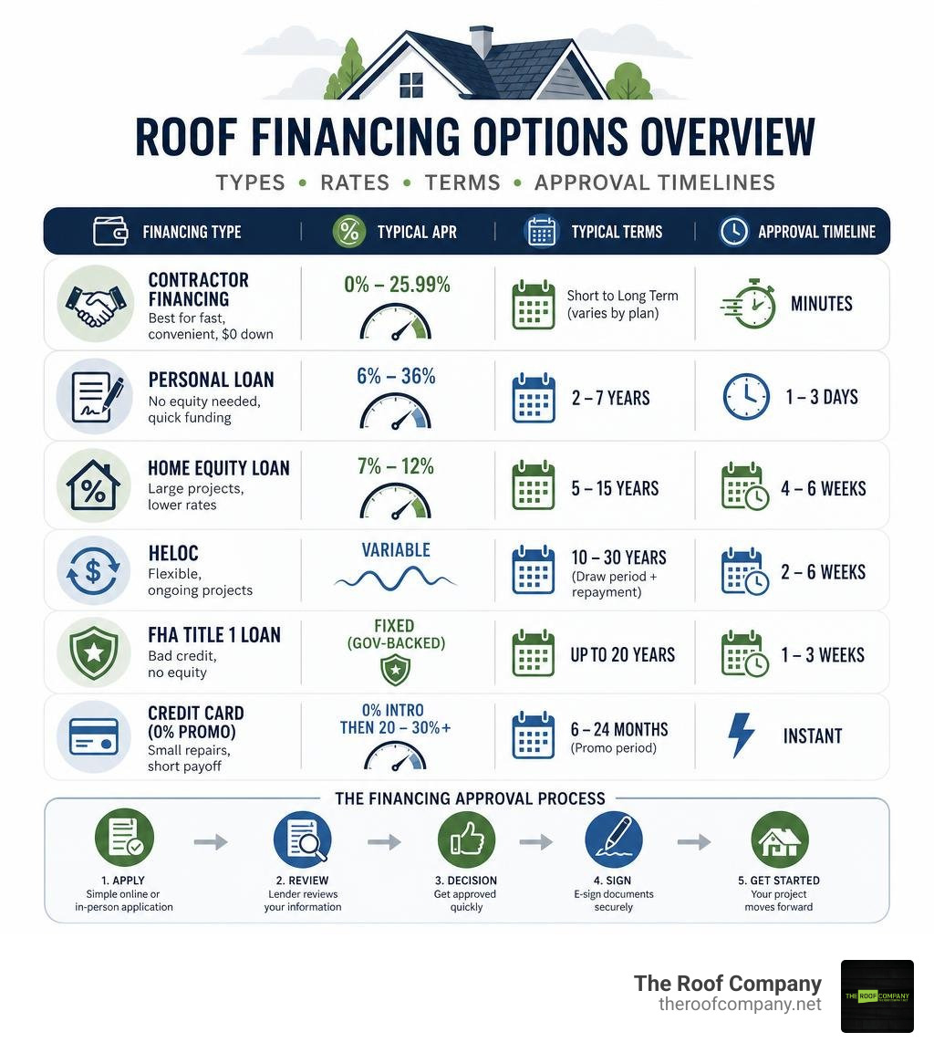 Roof financing options overview infographic: types, rates, terms, and approval timelines infographic Roof financing options overview infographic: types, rates, terms, and approval timelines infographic