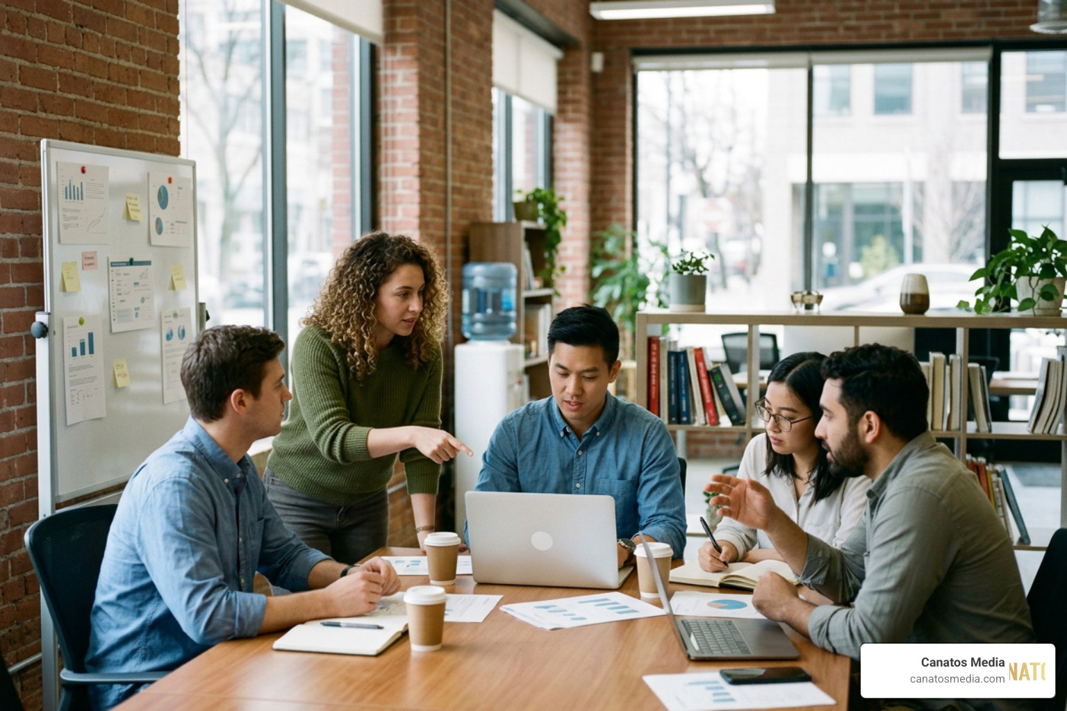 Two business owners in a bright office reviewing marketing case studies and digital performance charts on a tablet Two business owners in a bright office reviewing marketing case studies and digital performance charts on a tablet
