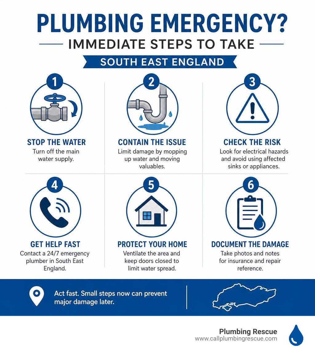 Infographic showing immediate steps during a plumbing emergency in South East England infographic Infographic showing immediate steps during a plumbing emergency in South East England infographic