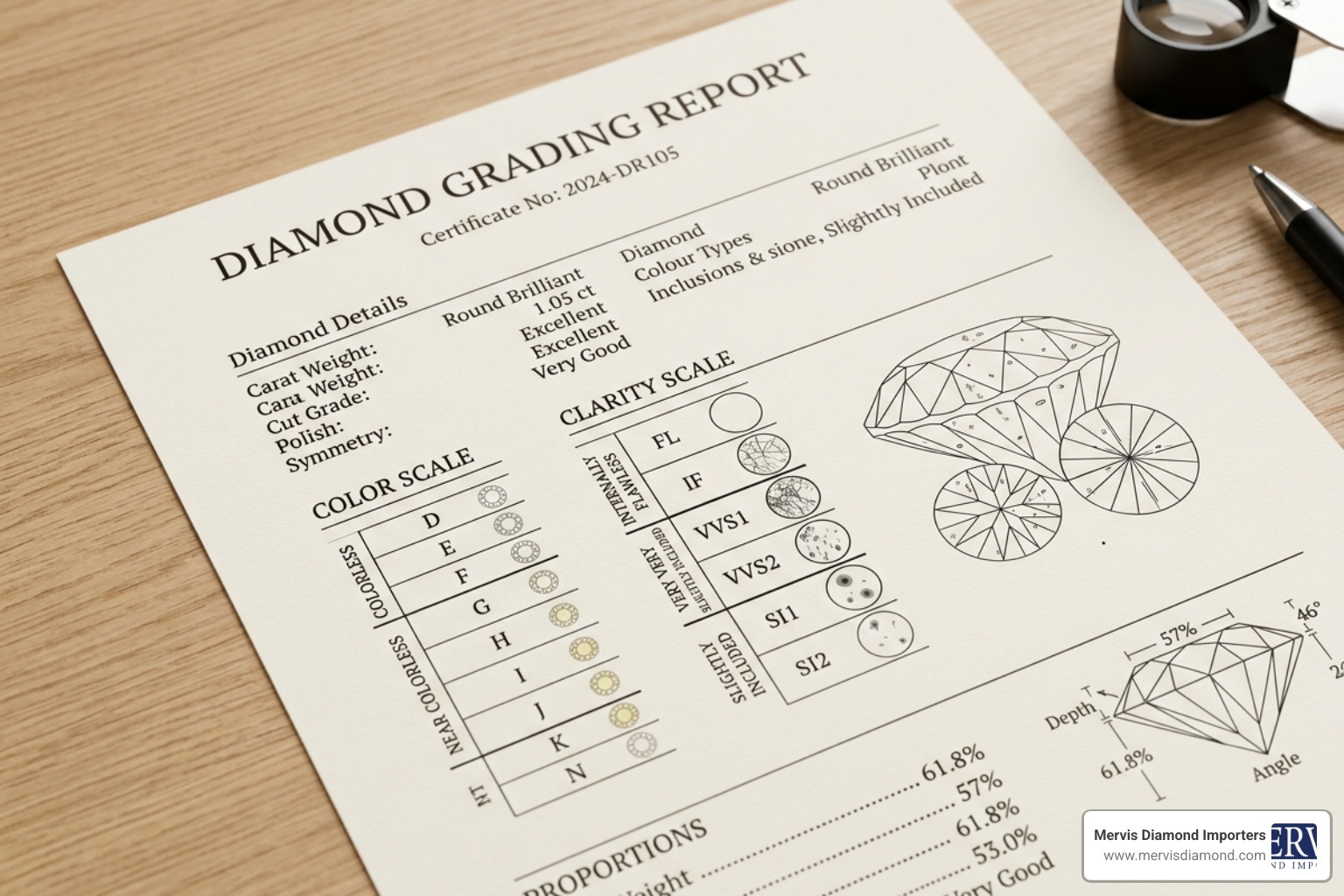 Diamond grading certificate with color and clarity scales