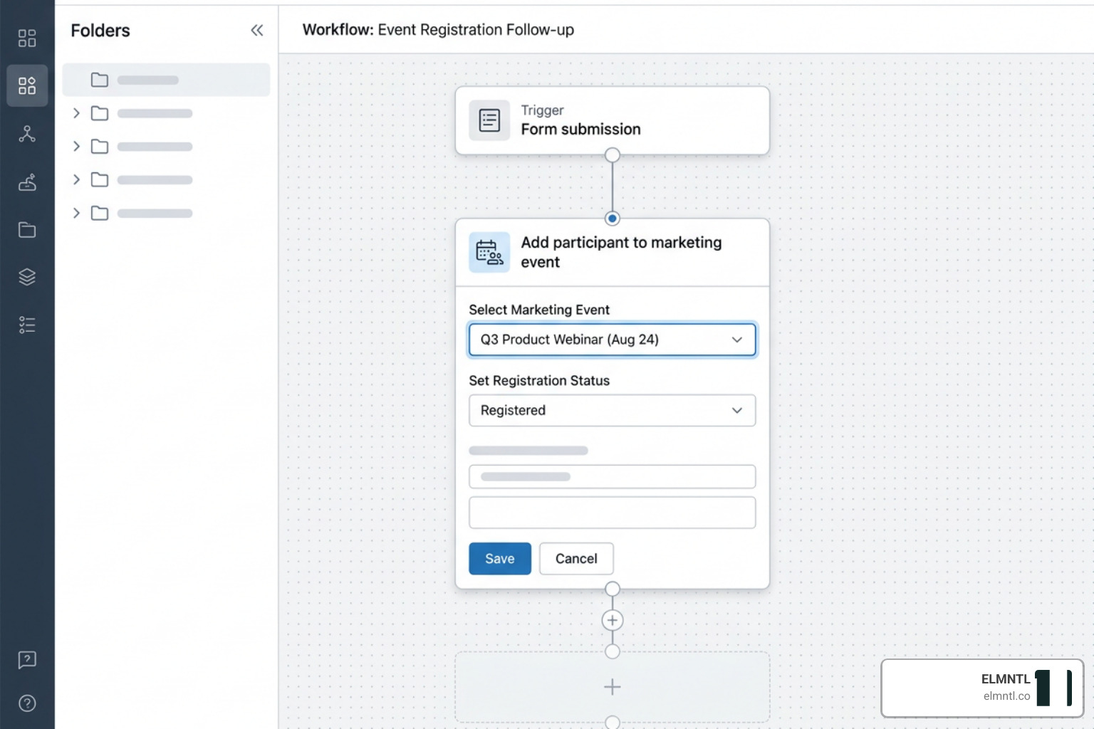 HubSpot workflow automation setup showing a form submission trigger and the Add participant to marketing event action