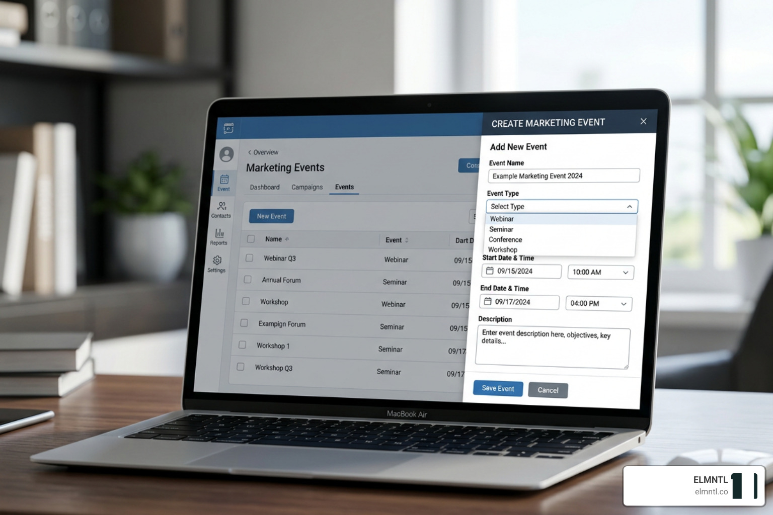 HubSpot manual event creation screen showing the slide-in panel with fields for event name, type, and dates