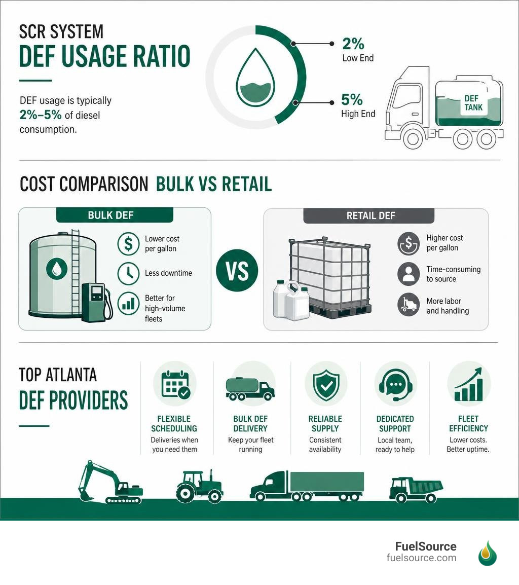 Infographic showing SCR system DEF usage ratio, cost comparison bulk vs retail, and top Atlanta DEF providers infographic Infographic showing SCR system DEF usage ratio, cost comparison bulk vs retail, and top Atlanta DEF providers infographic