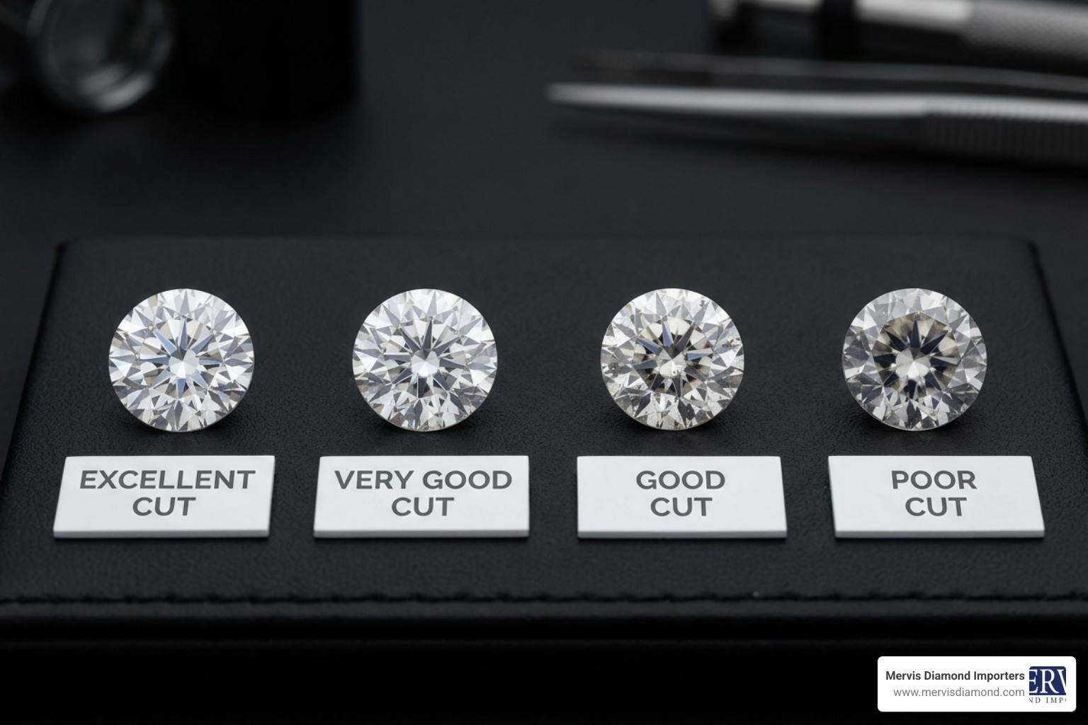Comparison of diamond cut quality scale grades from Excellent to Poor showing light leakage