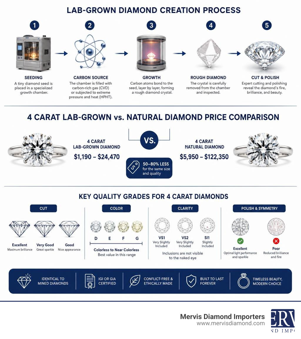Infographic showing lab-grown diamond creation process, price comparison, and key quality grades for 4 carat rings