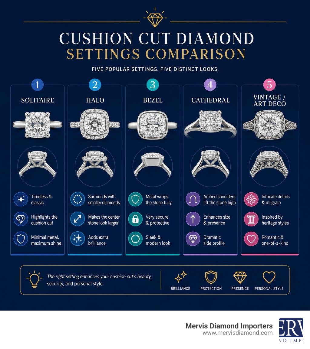 Cushion cut diamond settings comparison: solitaire, halo, bezel, cathedral, vintage styles with key features infographic Cushion cut diamond settings comparison: solitaire, halo, bezel, cathedral, vintage styles with key features infographic