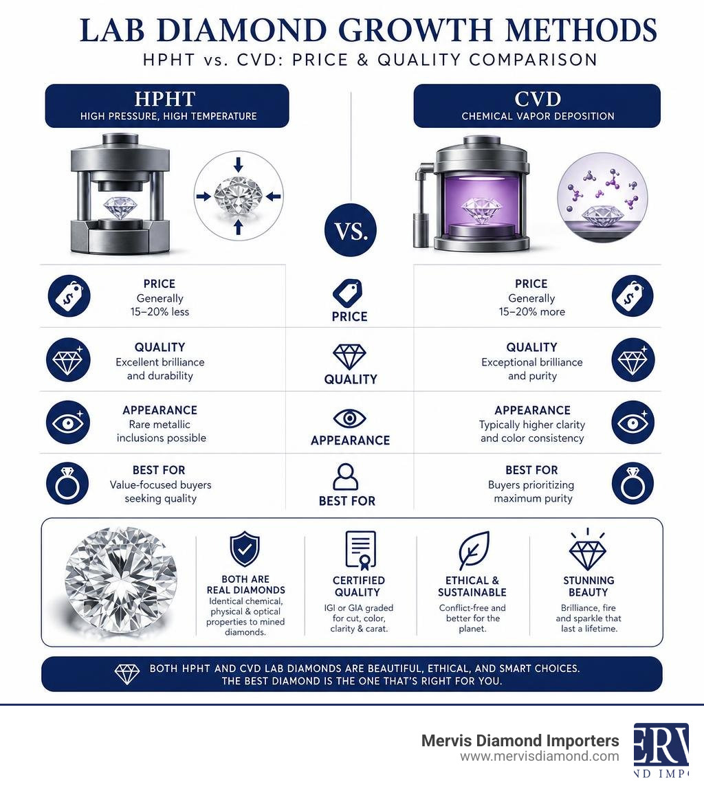 Infographic comparing HPHT and CVD lab diamond growth methods with key stats on price and quality infographic Infographic comparing HPHT and CVD lab diamond growth methods with key stats on price and quality infographic