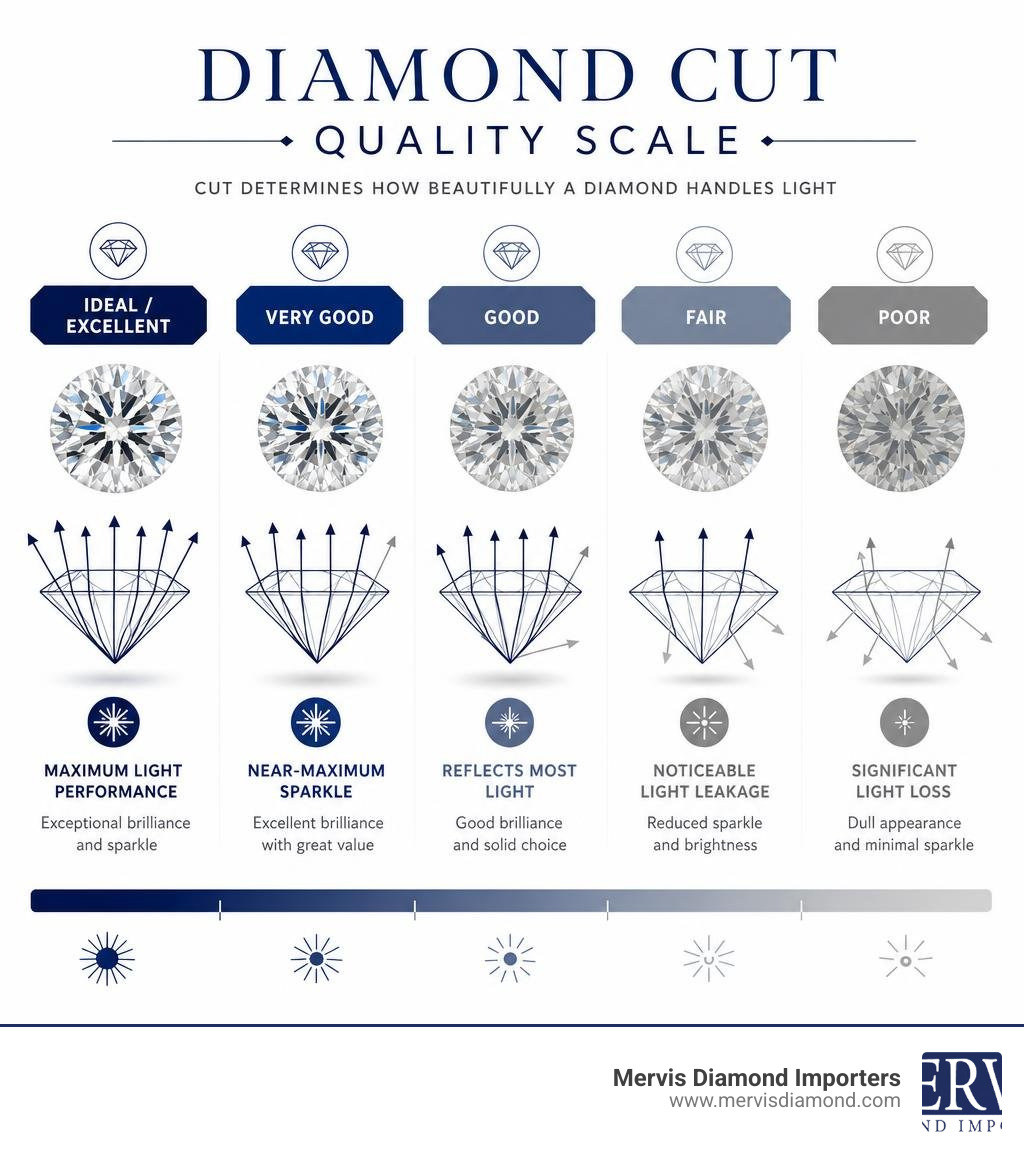Diamond cut quality scale infographic showing Ideal to Poor grades with light performance descriptions infographic
