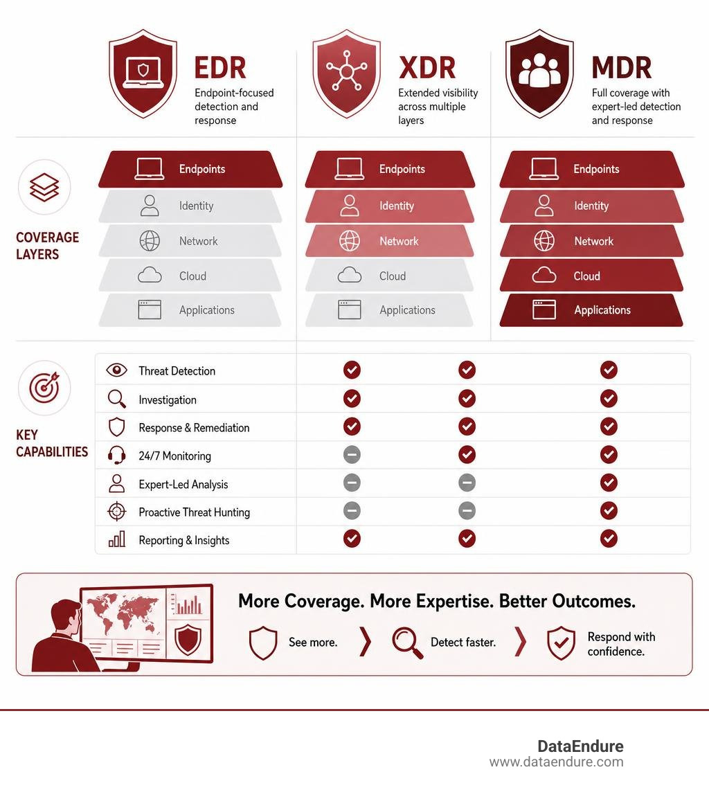 Infographic comparing EDR, XDR, and MDR coverage layers and key capabilities infographic Infographic comparing EDR, XDR, and MDR coverage layers and key capabilities infographic