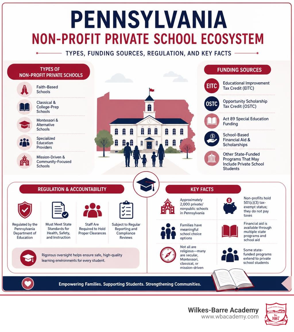Pennsylvania non-profit private school ecosystem: types, funding sources, regulation, and key facts infographic Pennsylvania non-profit private school ecosystem: types, funding sources, regulation, and key facts infographic