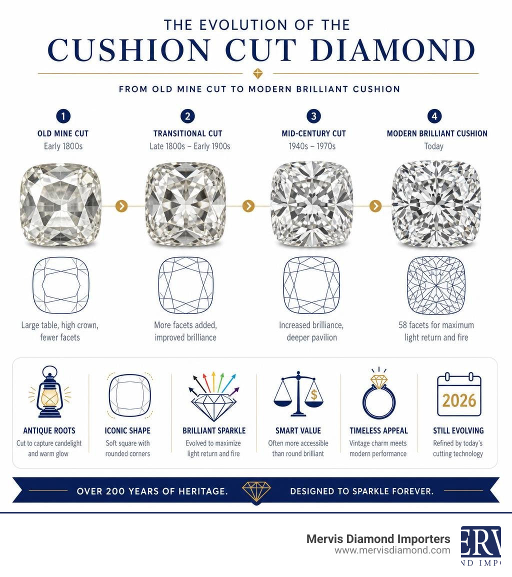Cushion cut diamond evolution from Old Mine cut to modern brilliant cushion infographic infographic