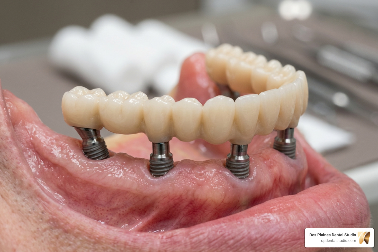 All-on-4 implant concept showing angled rear implants supporting a full arch bridge All-on-4 implant concept showing angled rear implants supporting a full arch bridge